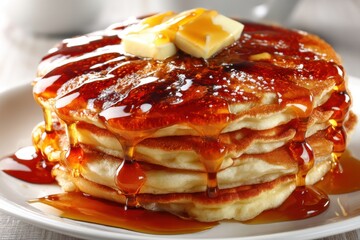 A tempting stack of golden pancakes topped with melting butter and maple syrup, cascading down the sides, creating a sweet and indulgent breakfast treat.