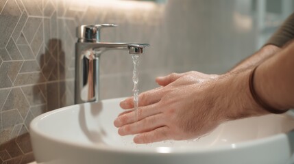 Person Washing Hands Under Modern Faucet in Bright Bathroom Setting with Elegant Tiles, Promoting Hygiene and Cleanliness in Daily Routine