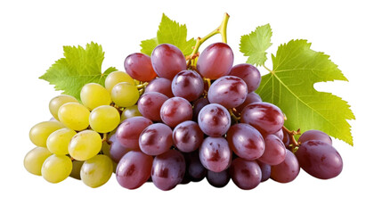A cluster of purple and green grapes with vibrant leaves, showcasing freshness. Ideal for health-related themes, recipes, or fruit displays.