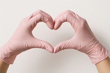 Obraz premium Pink Gloved Hands Forming Heart Shape Symbolize Love, Care, and Protection During Pandemic, conveying message of hope, healthcare, and safety