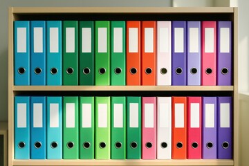Shelf with colorful office binders presents organized business documents and information management solutions with a spectrum of vibrant hues