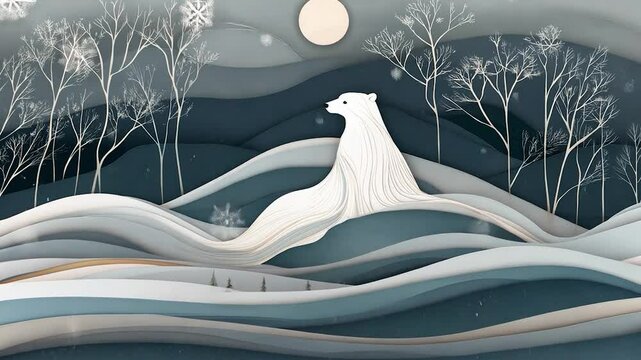 Snowy landscape with polar bear, paper cut style