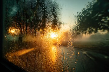 Captivating sunrise seen through a rain-streaked window, creating an abstract and dreamy atmosphere, with golden light filtering through the trees and mist beyond.