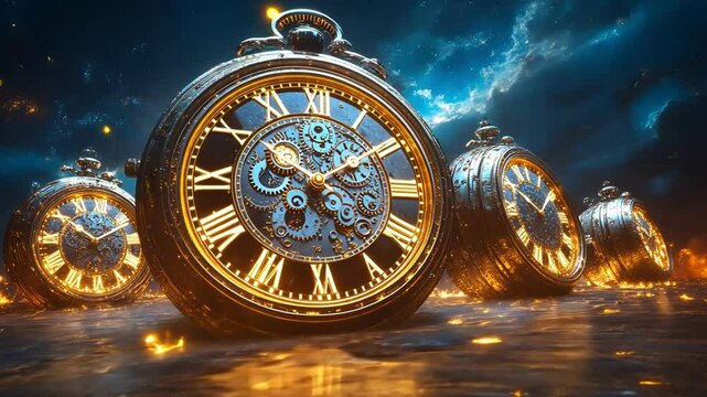 Timeless vintage pocket watches and glowing gears showcase beauty of clockwork in cosmic landscape of wonder.