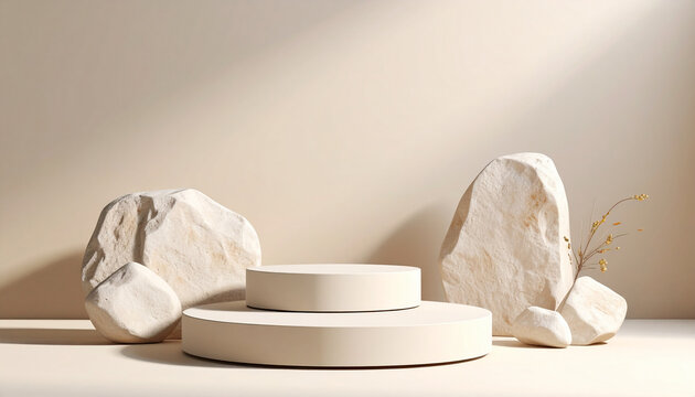 Fototapeta Elegant Pastel Podium with Botanical Shadows and Natural Stone Wall: A Refined Setting for High-End Product Showcase