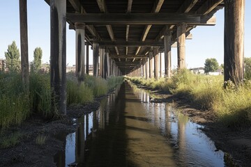 Fototapeta premium Underpass waterway with overgrown vegetation and weathered wooden support beams