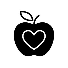 A minimalist line-and-fill style icon of an apple with a heart shape inside, symbolizing health, love, nutrition, and wellness. 