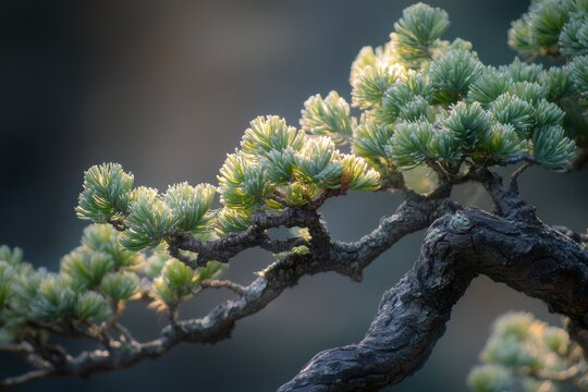Close-up view of a meticulously crafted bonsai tree branch.