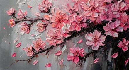 Sakura silhouette with several petals on a monochrome background