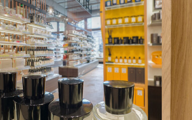 buying cosmetics, cream, shampoo in a perfume shop