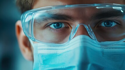 Medical professional, face partially concealed, wears protective safety goggles, surgical mask looking forward during laboratory science.