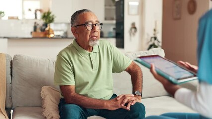 Senior man, nurse and tablet at house for consultation, healthcare checkup and medical report. Elderly person, caregiver and talking with digital for advisory, diagnosis results and explain treatment
