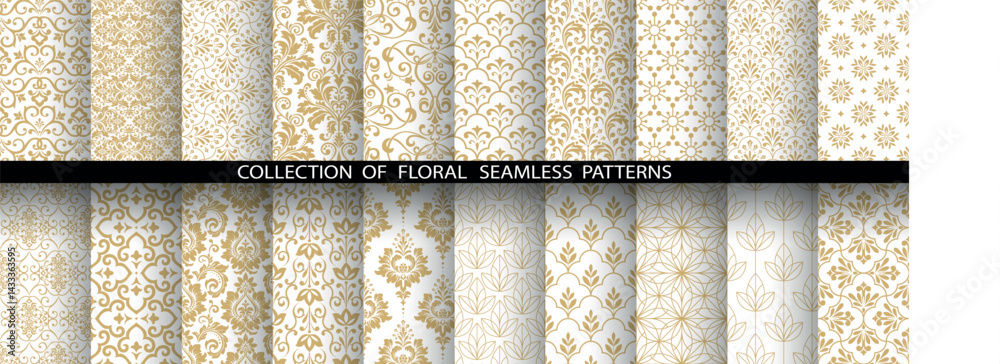 Poster geometric floral set of seamless patterns. white and golden vector backgrounds. damask graphic ornam