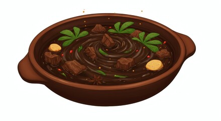 A bowl of dark stew with meat pieces herbs and spices in a brown ceramic bowl isolated on white