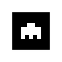 A pixelated white shape resembling a stylized person on a black background in a simple graphic design style