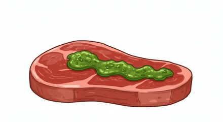 A cartoon illustration of a steak with green sauce on top isolated on a white background view from above