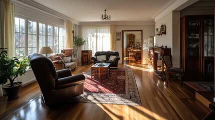 Interior shot of a well lit living room with furniture details