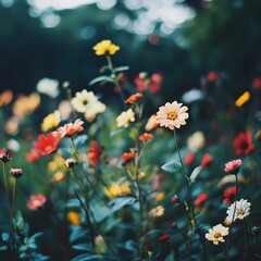 A vibrant field of colorful flowers in soft focus lighting