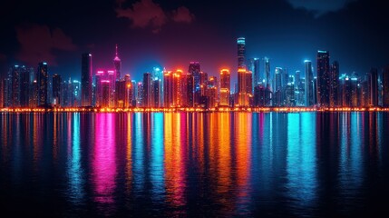Neon Cityscape Reflection: Vibrant Night Skyline