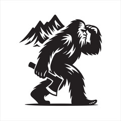 Obraz premium Black and white vector illustration of a walking Yeti (Bigfoot) with an axe and improved facial silhouette, set against bold mountain peaks