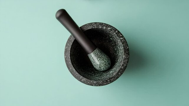 Elegant black granite mortar and pestle on a soft teal background, ideal for culinary or herbal use