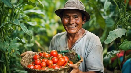 Fototapeta premium Smiling farmer showcases a tomato bounty