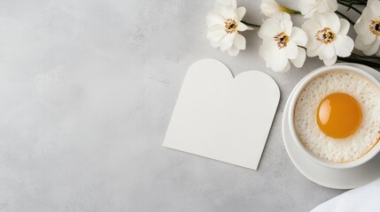 Creative breakfast flat lay with coffee, egg yolk, toast-shaped card, and white flowers on a grey background, viewed from above.