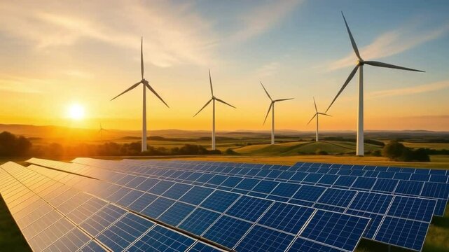 A picturesque landscape showcasing a harmonious blend of renewable energy sources. Solar panels and wind turbines stand tall against a vibrant sunset.