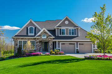 Highly detailed photograph of an upscale suburban home with a perfectly manicured lawn, showcasing the house's exterior design and landscaping in the springtime. 