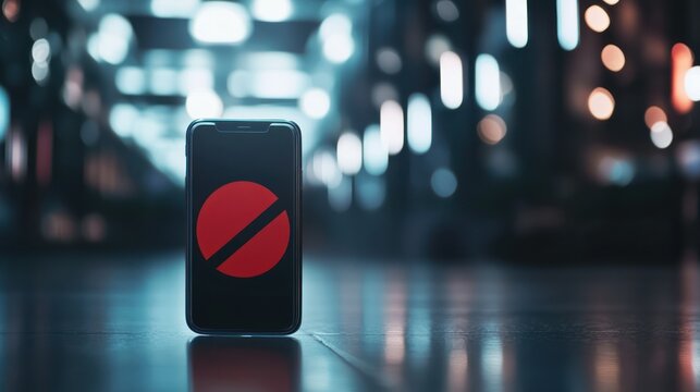 Smartphone displays prohibition symbol, suggesting access denied, online restriction, digital safety concern.