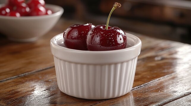 Two Cherries in a White Ramkin on a Wooden Table