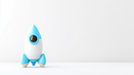 A small, cute, minimalistic toy rocket in white and light blue stands on a clean white surface against a plain background, symbolizing launch or new beginnings.