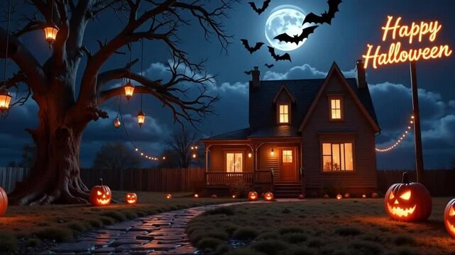  A vibrant Halloween night display featuring glowing street pumpkins, fluttering bats, and twisted, shadowy trees, all set in a loopable 4K animation that captures the spooky charm of the season.
