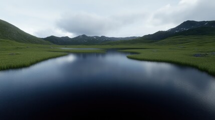 A serene landscape featuring a dark, calm lake reflecting the cloudy sky, surrounded by lush green hills and distant mountains under an overcast sky.