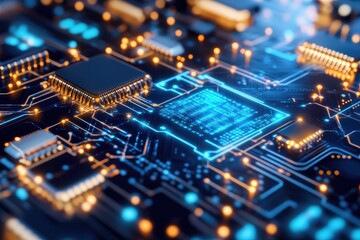 Obraz premium Close-up view of a complex circuit board with glowing components Intricate pathways and a central processor are highlighted by vibrant blue and gold light