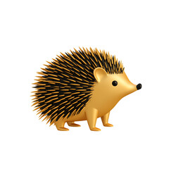 Gold and black hedgehog illustration on transparent background. Cute, cartoonish style.  The hedgehog is facing right, with small black eyes and nose. 3D rendered style.