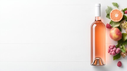A bottle of ros? wine surrounded by fresh fruits