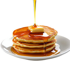 Golden syrup is poured over a stack of fluffy pancakes topped with a pat of butter on a white plate against a transparent background.
