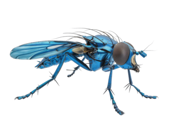 Bright blue insect with intricate features captured in detail on a white background