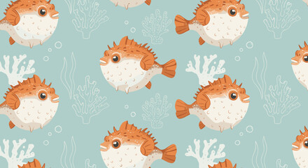 Cute puffer fish pattern, sea life background © Kreatopia