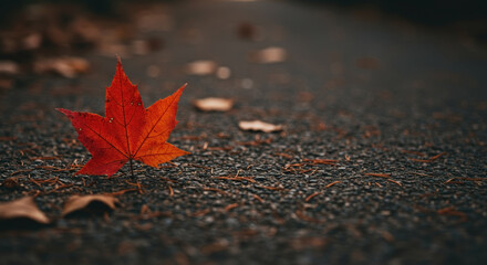 Single red maple leaf on dark asphalt road with blurred forest background. Autumn seasonal. Natural fallen foliage. Symbolic change metaphor. Environmental cycle representation. Minimalist nature