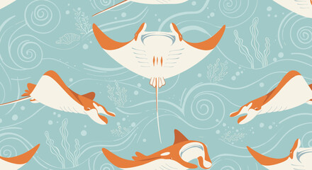 Seamless Pattern with Cartoon Stingrays and Waves