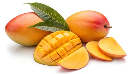 golden mangoes showcased with one sliced open to reveal juicy, vibrant flesh, surrounded by fresh green leaves on a minimalist white backdrop.