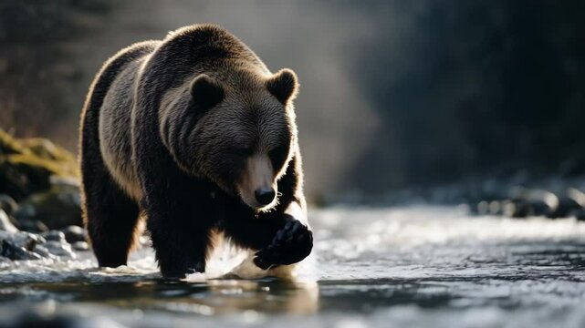 A brown bear crosses a mountain river during salmon spawning, creating splashes of water against a backdrop of pine forest and rocky shores. The morning sun gives the river a golden hue.
