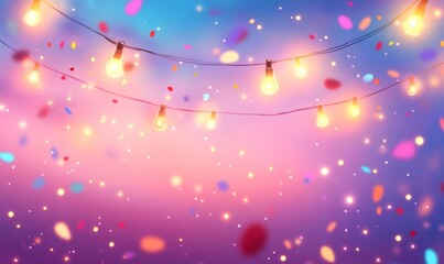 Obraz premium Colorful confetti falling around string lights during an evening celebration, creating a festive and vibrant atmosphere