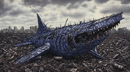 Post-apocalyptic city, giant metallic shark carcass, debris field, environmental disaster concept