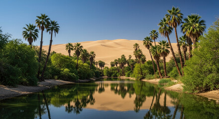 Obraz premium Desert oasis with palm trees surrounding calm water reflecting sand dunes. Natural paradise in arid landscape. Environmental contrast. Wilderness sanctuary. Ecological microclimate. Travel destination