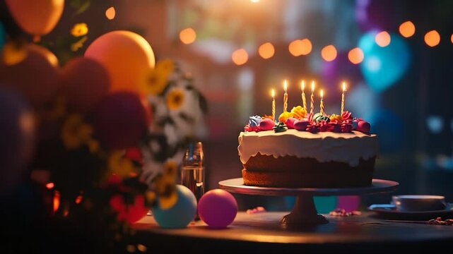 Festive birthday celebration with a decorated cake and candles amidst colorful balloons and flowers