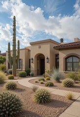 A desert home showcases Southwestern architecture with cacti and native plants, creating a serene and inviting desert landscape.