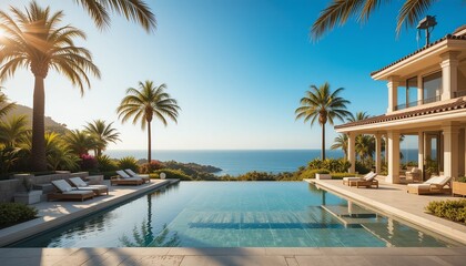 Obraz premium Luxury villa with infinity pool overlooking the ocean, palm trees, and blue sky on a sunny day. The perfect summer getaway.
